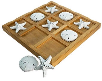 Tabletop Tic Tac Toe Board Game | Wood Board Game 9"x9" with Resin Starfish and Sand Dollars | Perfect for Beach Décor