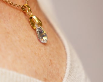 Aurora Borealis Crystal Necklace: Gold Plated Baroque Pendant