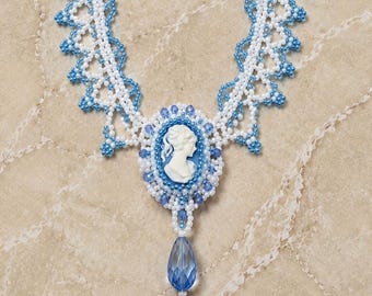 Blue Necklace, Cameo Necklace, Choker Necklace, Beaded Choker, Victorian Jewelry, Beaded Necklace