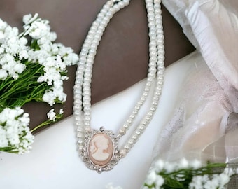 Bridal Pearl and Cameo Choker, Layered Pearl Choker for Her, Cameo Necklace for Mom, Victorian Cameo Pearl Choker