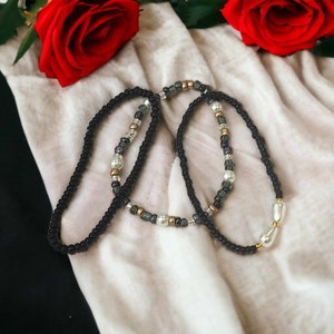 Handmade Seed Bead Bracelet Set: Black Glass Pearl Stacking Bracelets