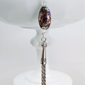 Oval Abalone Shell Tassel Necklace: Silver Plated Chain, Beach Jewelry