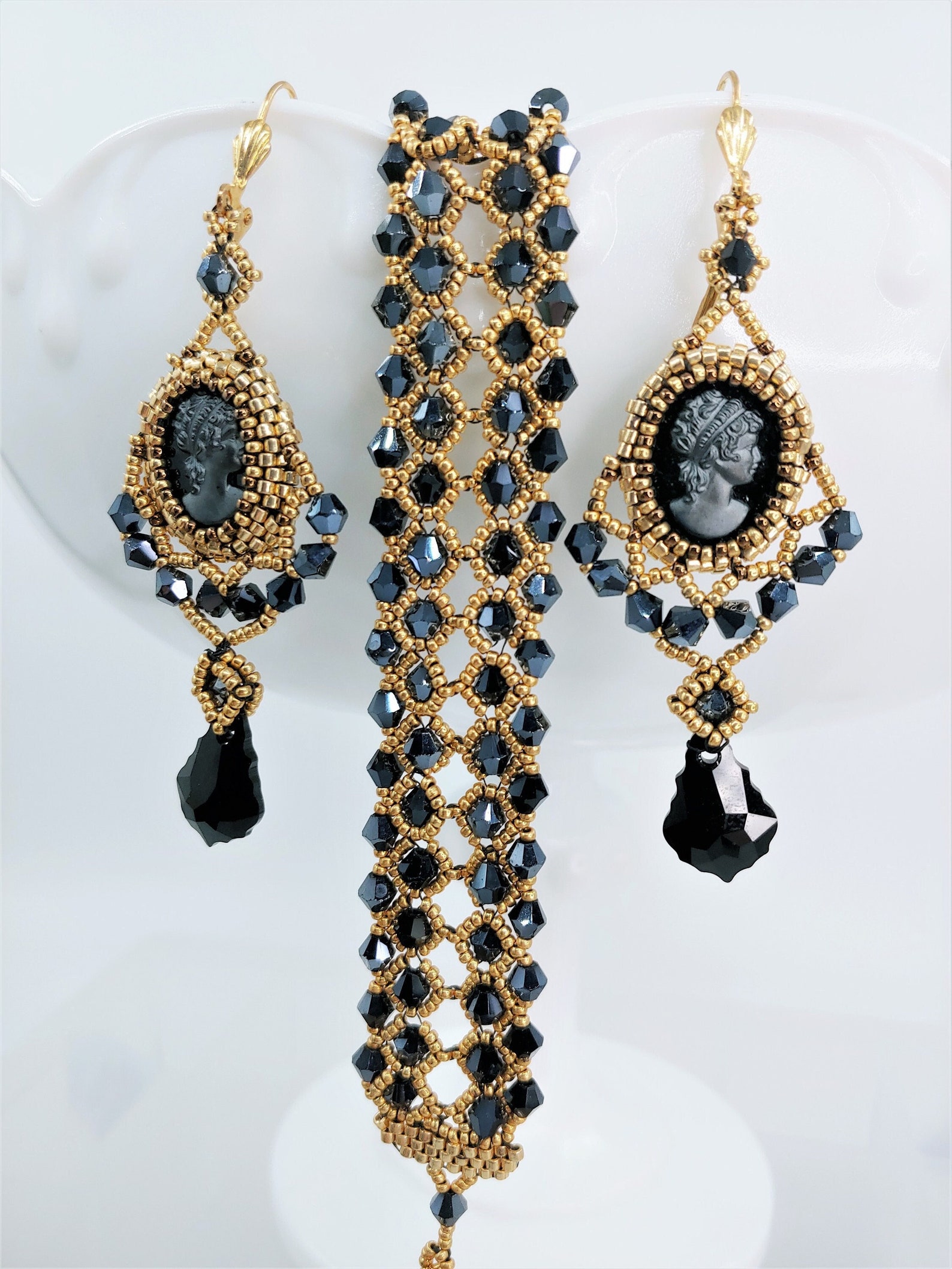 Jet black and gold Victorian cameo earring and bracelet set with Swarovski crystals