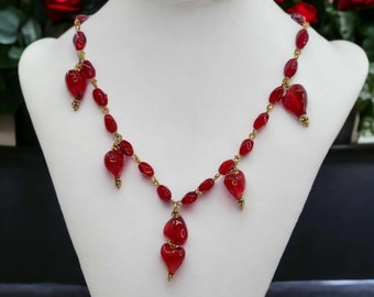 Red Glass Heart Necklace: Victorian Beaded Gold-Plated Chain