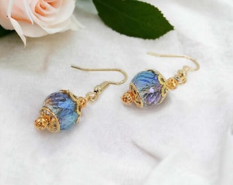 Victorian Blue Iridescent Earrings, Dainty Blue Earrings, Handmade Earrings for Her