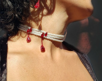 Gothic Choker Necklace, Vampire Choker, Pearl Choker with Red Drops, Dark Romance Goth Jewelry, Witchy Necklace, Gift for Wife