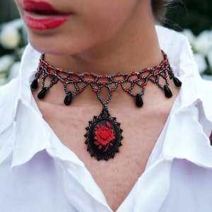 Gothic Red Rose Cameo Choker: Victorian Teardrop Necklace