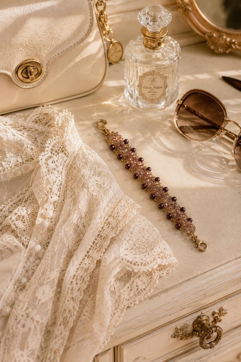 May include: A beaded bracelet featuring a gold-tone chain, small translucent light purple crystals, and dark purple round beads. The bracelet has a lobster claw clasp and is positioned on a surface next to a cream lace garment, a perfume bottle, and sunglasses.