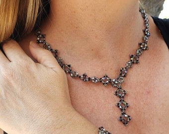 Beaded Iridescent Black Crystal Necklace, Iridescent Black Crystal Necklace, Black Iridescent Crystal Necklace