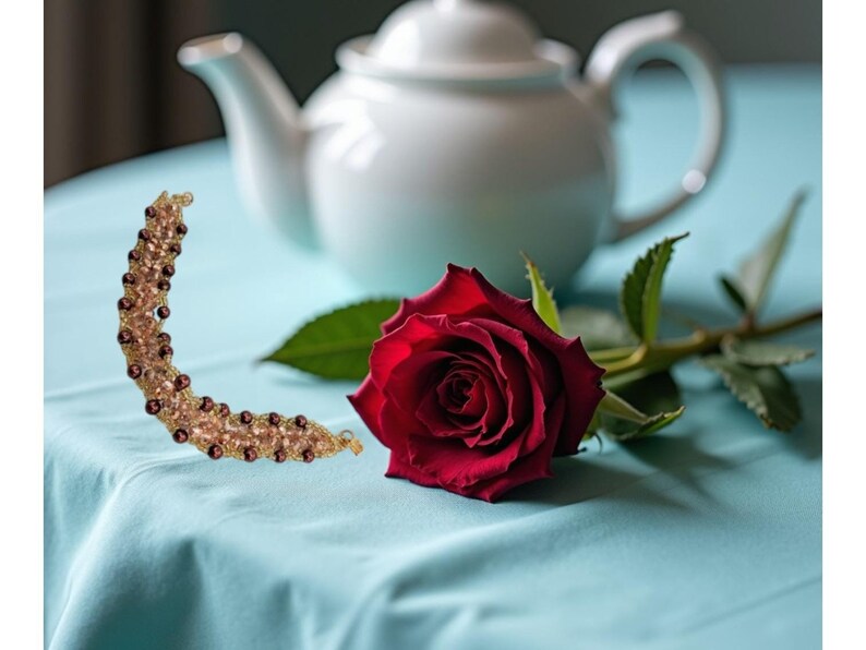 May include: A crescent-shaped beaded bracelet featuring small, light-colored crystals and dark, round beads arranged in a curved pattern, positioned next to a single, vibrant red rose with green leaves and a white ceramic teapot in the background.