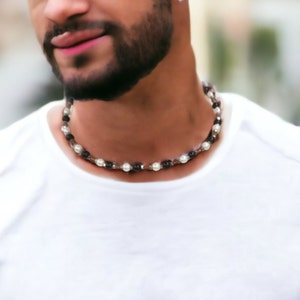 Mens Pearl Necklace: Topaz, Crystal & Black Beaded Necklace