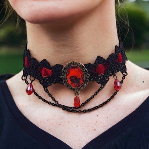 Red Pendant Choker, Lace Choker Necklace, Vampire Neckace, Red and Black Choker, Cosplay Choker, Victorian Goth Choker, Witch Necklace