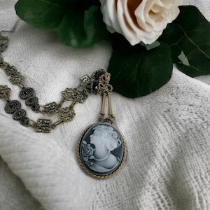 Cameo Necklace, Victorian Lady Cameo Necklace,  Dark Grey Cameo Necklace, Victorian Cameo Necklace Gift,  Handmade Cameo Necklace,