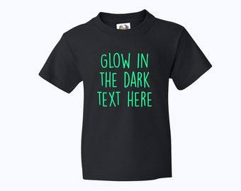 KIDS GLOW in the Dark Text shirt Youth Custom HALLOWEEN shirt Toddler Glowing Text Crewneck tee Childrens Personalized Glow in dark t-shirt