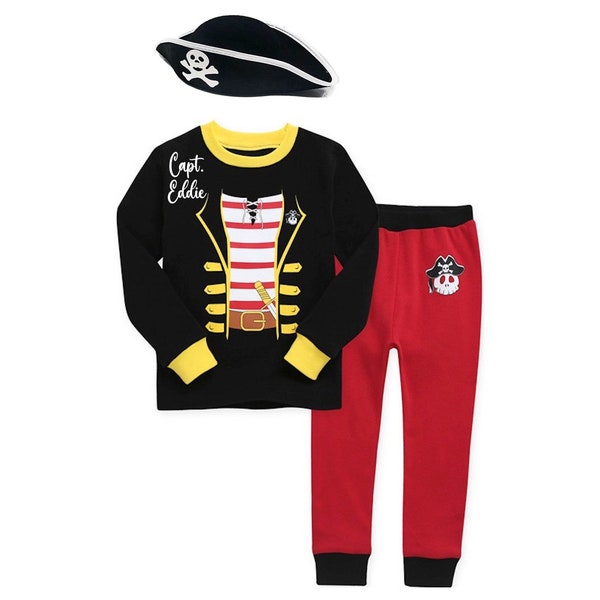 Kids Personalized Pirate Costume Youth Halloween Costume Childrens Pirate Pajama Custom Text Pirate Hat and Outfit Dress-Up Swashbuckler