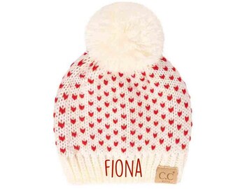 Kids Personalized Heart Beanie with Pom Pom Knit Red Heart Beanie Winter Beanie Embroidered Beanie Monogram Hat Knit Beanie|Embroidered Name