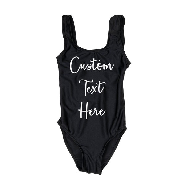 Girls CUSTOM One Piece Black Swimsuit Personalized girls Swimwear Black Custom Text Swimming Suit Birthday Girl Cruise Poolside Beach Babe