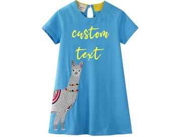 GIRLS Personalized LLAMA Dress  Custom Text Toddler Applique Alpaca Blue Top Short Sleeve Customized Dress Easter Dress Spring Outfit