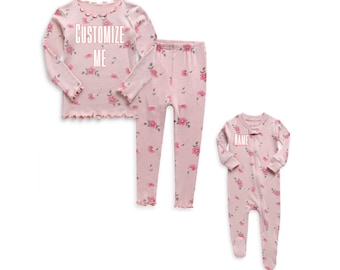 Girls Personalized Pink Rose Pajamas Custom Text Zip Footie Toddler Pajamas Sleepover Big Kids Pajamas Non-slip foot Matching Sisters PJ