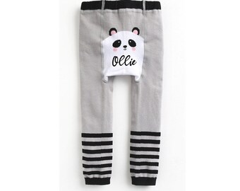 BABY Personalized Panda Leggings|Custom Text Girls LEGGINGS|Panda Knee & Bottom|Stretchy Breathable Leggings|Elastic Ribbed Waist|Stripes