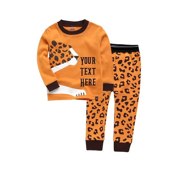 KIDS Custom Cheetah Pajamas Youth Cheetah Pajama Set Orange and Black Pajamas Personalized Cheetah Pyjamas Custom Text Kids PJ Set Monogram