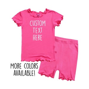 Girls Customized Short Sleeve Pajama Set Kids Ruffle Edge Outfit Custom Text Solid Colored PJ Toddler Shirring Short  Spring Loungewear