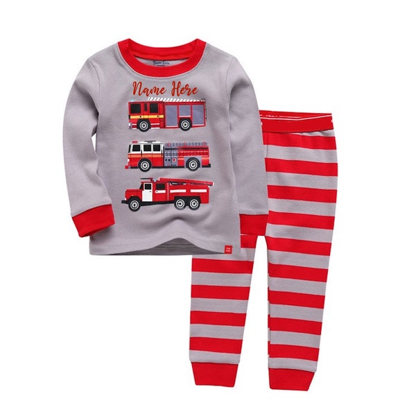 Pyjamas de pompier personnalisés pour enfants Pyjama de camion de pompier rouge personnalisé Enfants Pompier PJ Texte personnalisé Pyjamas de camion de pompier Stripe PJ