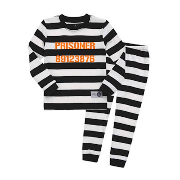 KIDS Prisoner Costume Inmate Pajamas Kids Customized Black and White Striped Outfit Kids Inmate Halloween Costume Jail Bird Set Youth Inmate