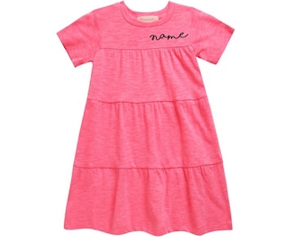 Girls Personalized Text Dress Stripe Dress for Girls Personalized Text Dress for Little Girl Tiered Short Sleeve Dress Custom Text Dress