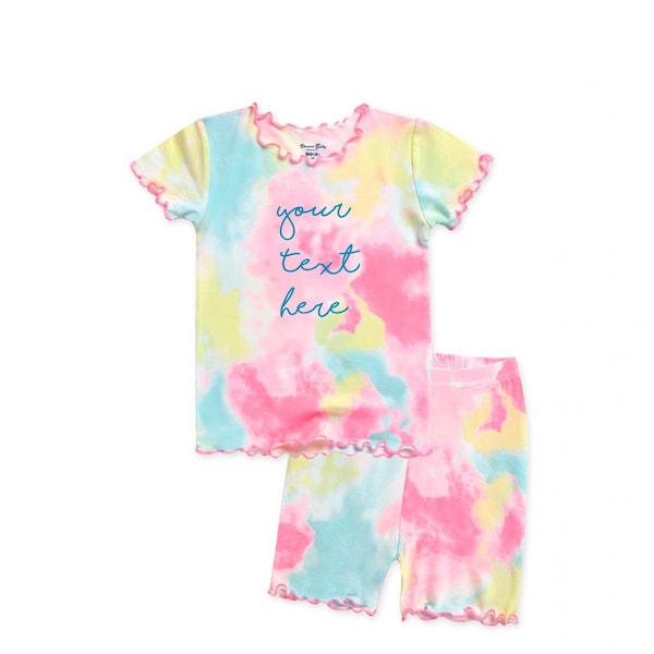 Girls Personalized Tie Dye Pajama Set Custom Text Pastel Tie Dye Pajamas Slumber Party Bamboo Short Sleeve Pajamas Summer pajama Party PJ