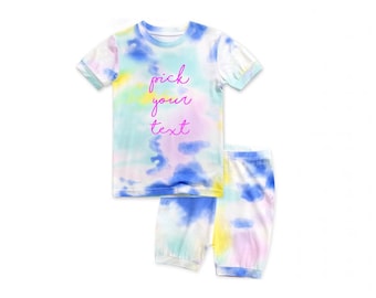 KIDS Personalized Short Sleeve Tie Dye Pajama Set Custom Text Neon Tie Dye Pajamas Toddler Pajamas Bamboo Pajamas Summer pajama Party PJ
