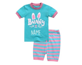 KIDS Personalized EASTER Set Kids Rabbit Outfit Custom Text Bunny Pink and Blue Striped Toddler Personalized Easter Loungewear Bunny Rabbit