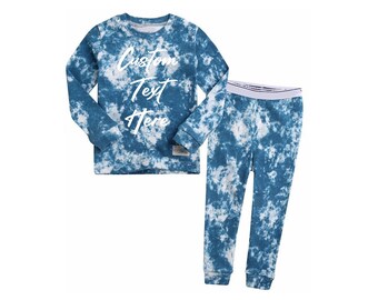 KINDER Personalisierte Blau Tie Dye Pyjama Set Benutzerdefinierte Text Prism Blue Pyjamas Kinder Angepasste Blaue und weiße Pyjamas Kinder Blau Tie-Dye Pyjama Set