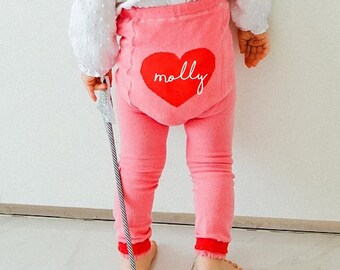 BABY Personalized Heart Leggings Custom Text Girls LEGGINGS Heart Knee & Bottom Stretchy Breathable Leggings Elastic Ribbed Waist Valentines