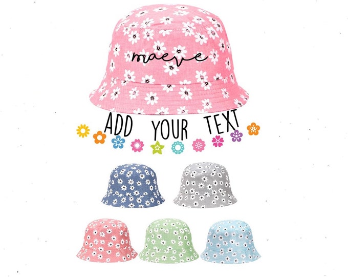 Girls Personalized Flower Bucket Hat Personalized Sun Hat for Kids Embroidered Toddler Floral Bucket Hat Summer Hat Custom Text Boating Hat