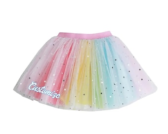 Niñas personalizado Ombre Rainbow Tutu con estrellas plateadas metálicas texto personalizado gradiente arco iris falda tul tutú vestir bailarina