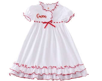 GIRLS Custom Embroidered Christmas White Gown Santa Applique Dress Personalized Embroidered Clara gown nutcracker ballet Red Piping Ruffles