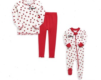 Kids Personalized Red Heart Pajamas  Custom Text Red Pajamas Toddler Pajamas Valentine's Big Kids Pajamas Cupid Matching Sisters PJ Love