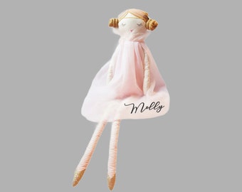 Personalized Plush Ballerina Baby Doll Custom Text Dancer Yarn Bun Stitched Details Gold Pointe Shoes Pink Tulle Dress Girls Gift Boho Decor