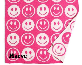Personalized Smile Blanket Super Plush Bright Colored Kids Blanket Custom Embroidered Blanket happy Face Soft Blanket Baby Gift Child Size