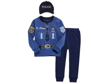 Kids Personalized Police Costume Youth Police Officer Uniform Childrens Cop Pajama Custom Text Toddler Cop Outfit Dress-Up Halloween Costume