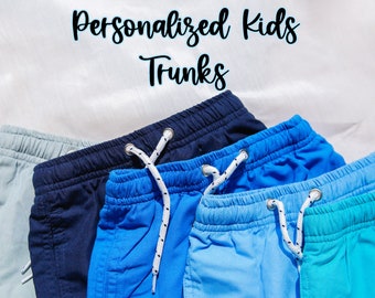 BOYS Personalized Swim Trunks Seersucker Shorts Custom Text Kids Swimwear Blue long length Board Shorts Boys Swimsuit Swim Trunks