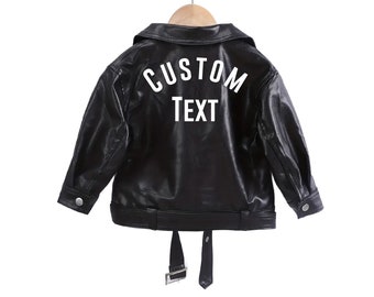 Kids Custom Text Moto Jacket Black Zip Up Faux LEATHER Jacket with zippers Personalized Name MOTORCYCLE jacket kids Embroidered Biker Chick