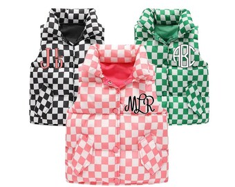 Kids Personalized Checkered Puffer Vest Youth Custom Monogram Checker Zipper Closure Vest Pink Monogrammed Vest with Pockets Girls Warm Coat