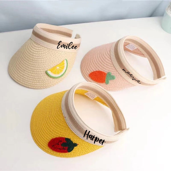 KIDS Personalized VISOR Customized Straw braided visor for Kids Youth Customized Sun Visor Summer Hat Childrens Embroidered Fruit and Flower