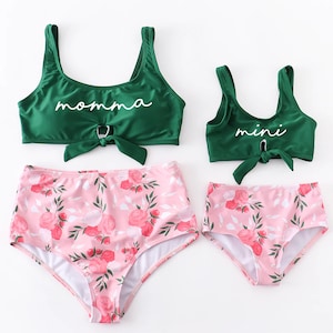 Mommy and Me Personalized Bikini Custom Text Pink Floral Swimwear Mom and Girls Swimsuit Two Piece Personalized Suit Matching Getaway image 1