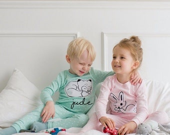 KIDS Personalized EASTER Pajamas Girls Pink Rabbit Set Custom Text Bunny PJ Mint Fox Pajama Matching Easter Pajamas Easter gift|Mint Pajama