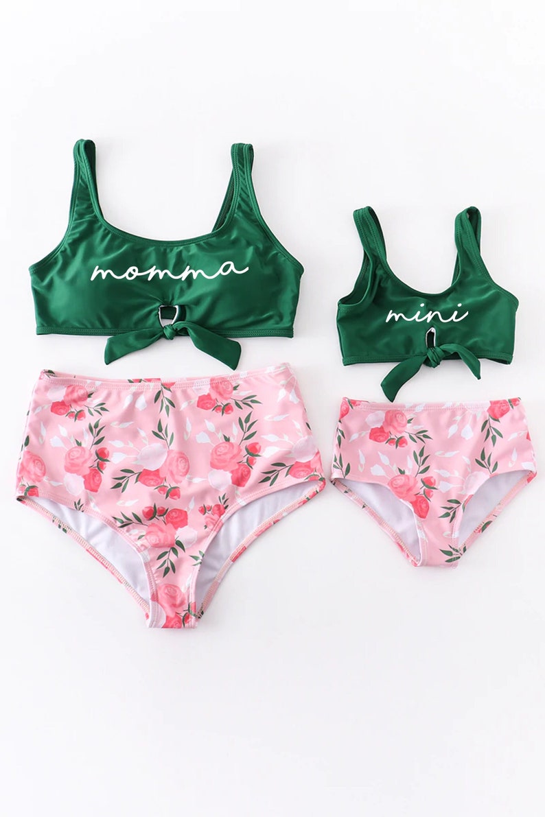 Mommy and Me Personalized Bikini Custom Text Pink Floral Swimwear Mom and Girls Swimsuit Two Piece Personalized Suit Matching Getaway image 1