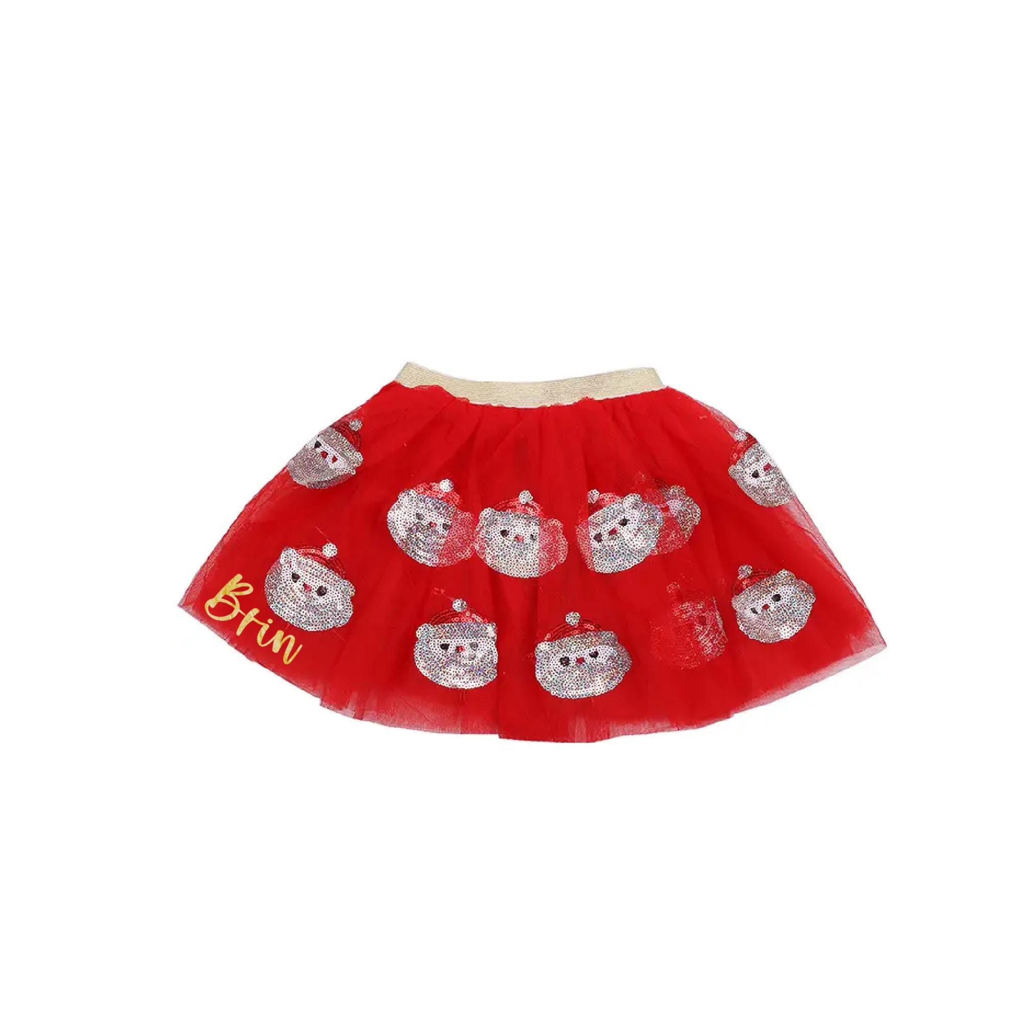 Girls Personalized Red Sequin Santa Tutu with Metallic Silver Santa Claus Custom Text Christmas Skirt Tulle Tutu Dress Up St. Nick Tutu