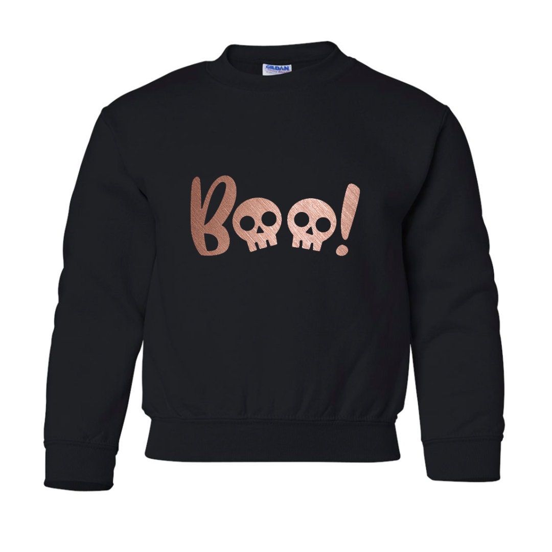 Discover KIDS Halloween Boo Sweater Boo Skull Sweatshirt Childrens Halloween Shirt Metallic Boo Crewneck Youth Skull Crewneck Metallic Lettering